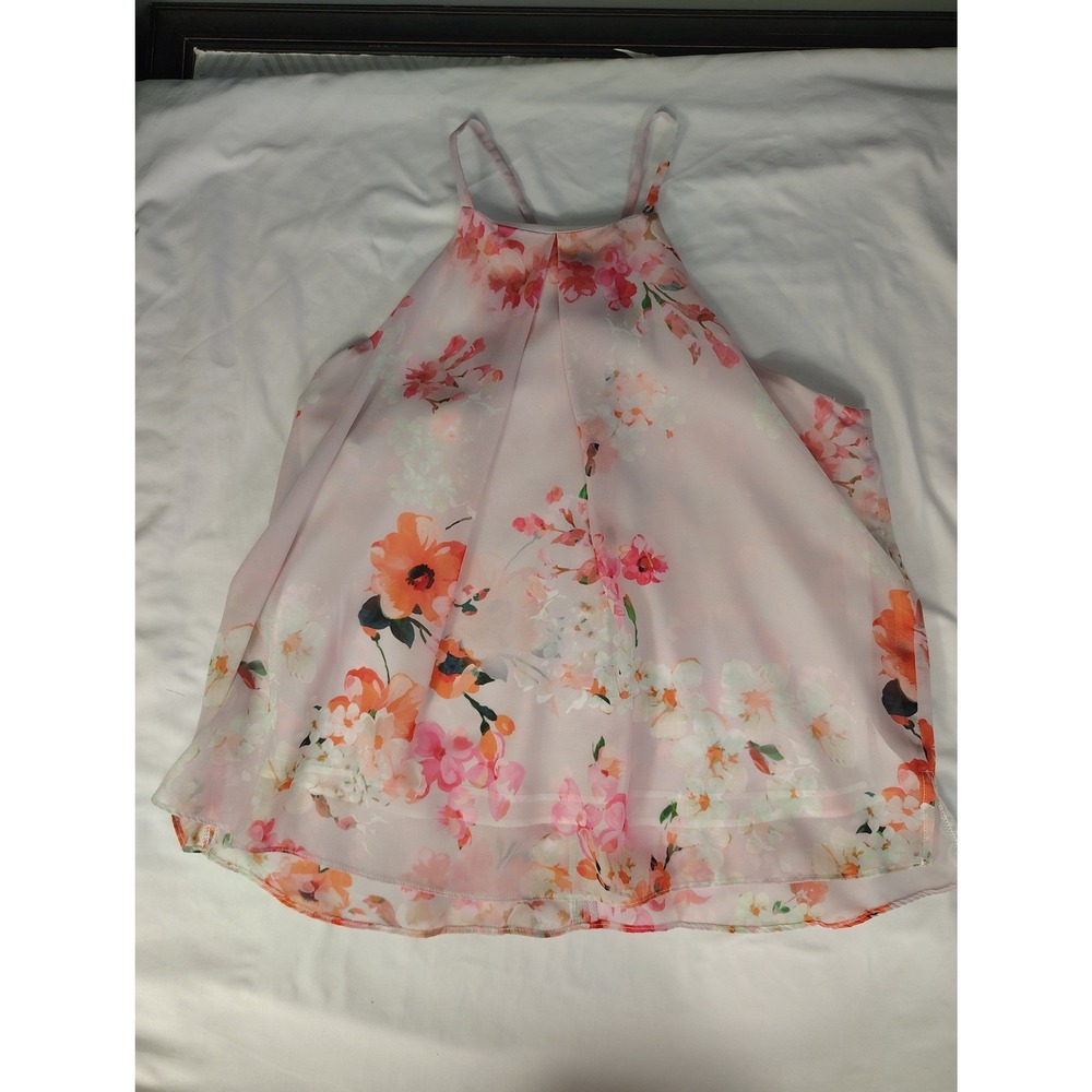 Askari Pink Floral Halter Neck Chiffon Swing Tank Top Small‎ Made in USA